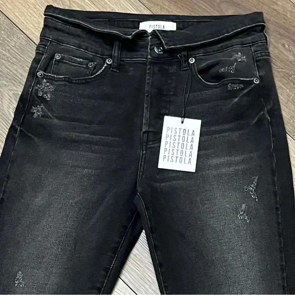 Pistola Nico High Rise Mom Jeans Black Shadow Wash Distressed Straight Leg 27x27